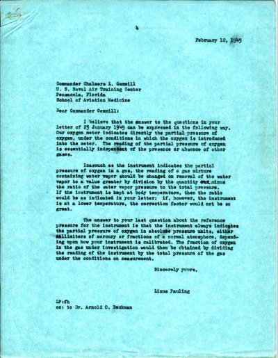 Letter from Linus Pauling to Chalmers L. Gemmill. Page 1. February 12, 1945