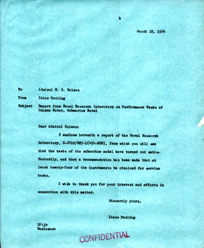 Letter from Linus Pauling to R.S. Holmes. Page 1. March 28, 1944