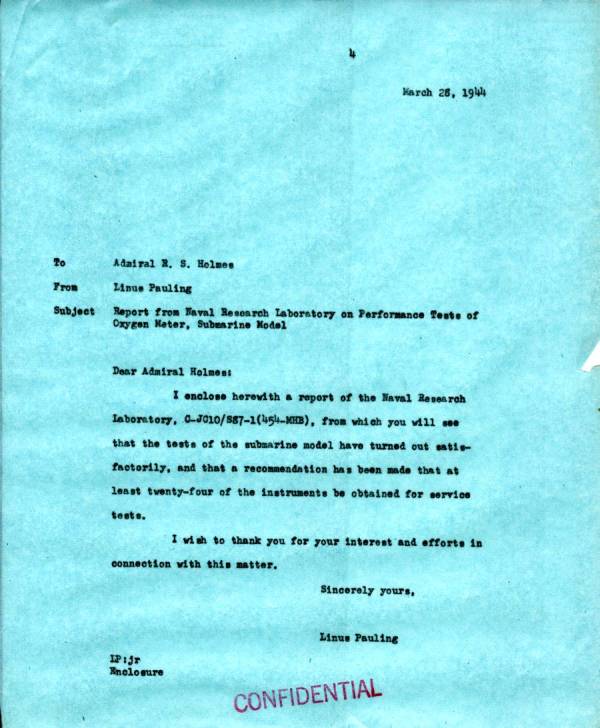 Letter from Linus Pauling to R.S. Holmes. Page 1. March 28, 1944