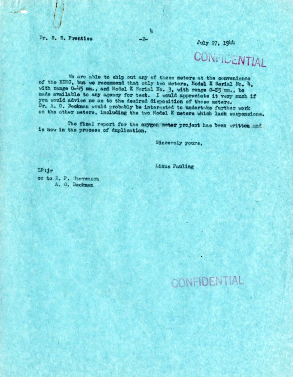 Letter from Linus Pauling to S.S. Prentiss. Page 2. July 27, 1944