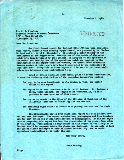 Letter from Linus Pauling to S.S. Prentiss. Page 1. November 1, 1944