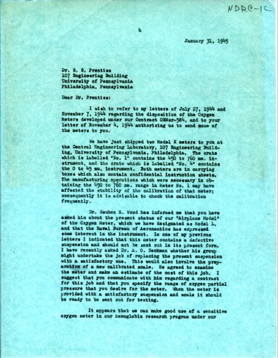 Letter from Linus Pauling to S.S. Prentiss. Page 1. January 31, 1945