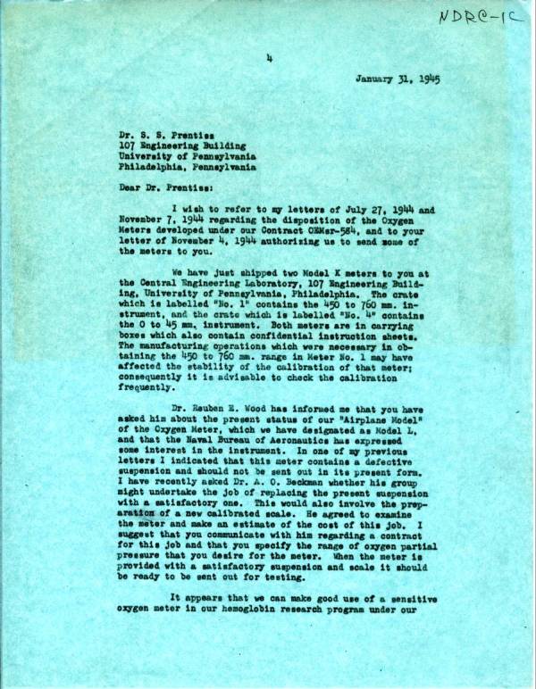 Letter from Linus Pauling to S.S. Prentiss. Page 1. January 31, 1945