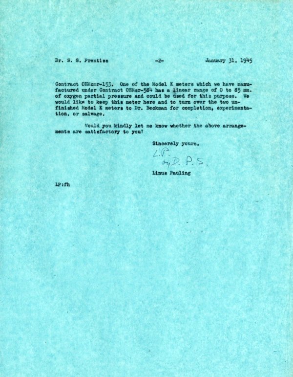 Letter from Linus Pauling to S.S. Prentiss. Page 2. January 31, 1945