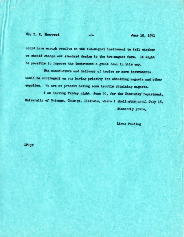 Letter from Linus Pauling to T.K. Sherwood. Page 2. June 18, 1941