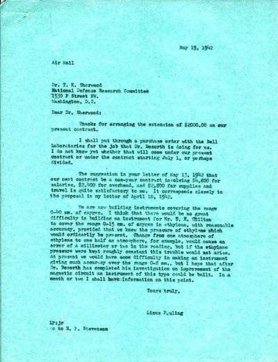 Letter from Linus Pauling to T.K. Sherwood. Page 1. May 19, 1942