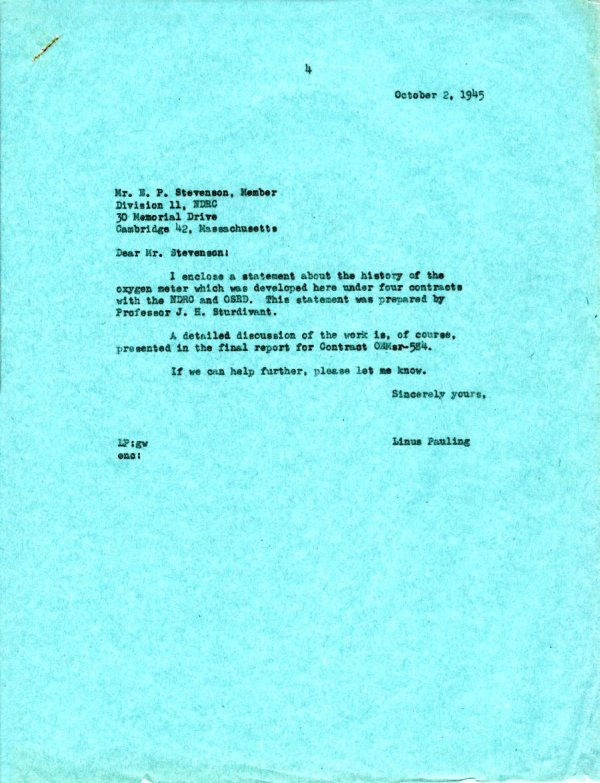 Letter from Linus Pauling to Earl P. Stevenson. Page 1. October 2, 1945