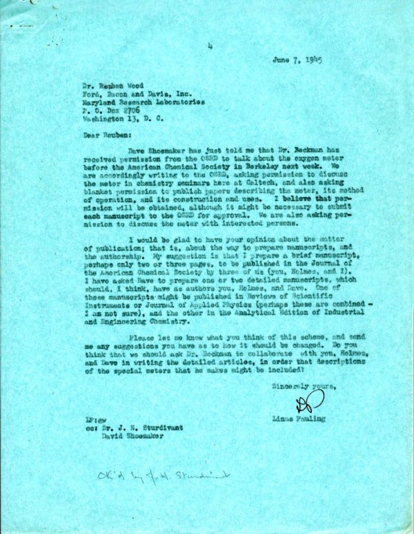 Letter from Linus Pauling to Reuben Wood. Page 1. June 7, 1945