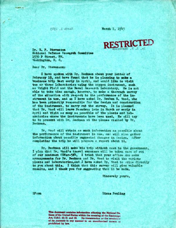 Letter from Linus Pauling to Earl P. Stevenson. Page 1. March 1, 1943