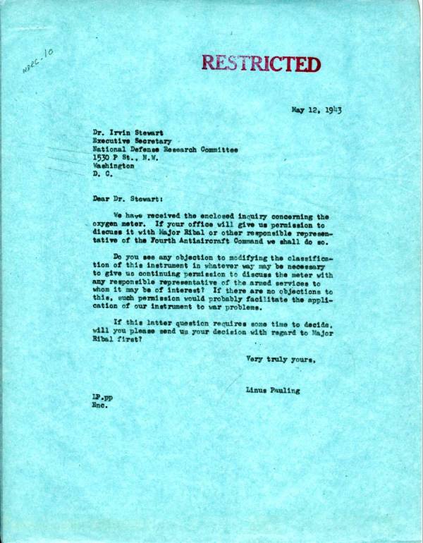 Letter from Linus Pauling to Irvin Stewart. Page 1. May 12, 1943