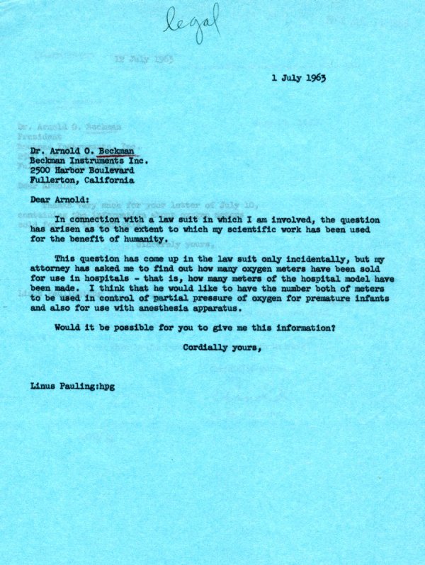 Letter from Linus Pauling to Arnold O. Beckman. Page 1. July 1, 1963