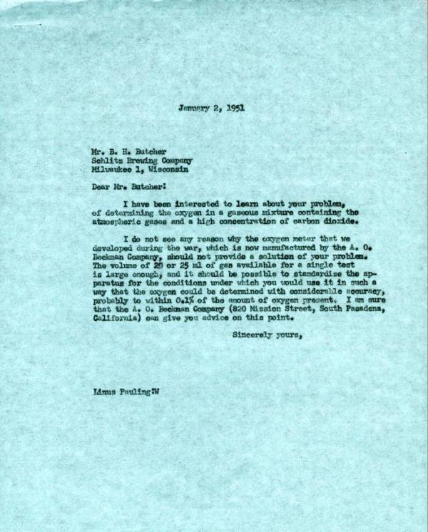 Letter from Linus Pauling to B.H. Butcher. Page 1. January 2, 1951