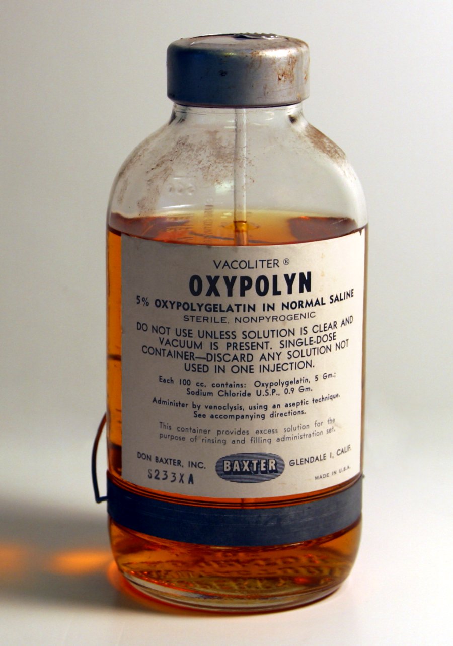 An original container of 5% Oxypolygelatin in normal saline.