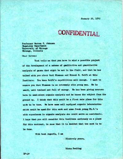 Letter from Linus Pauling to Warren C. Johnson. Page 1. January 20, 1942