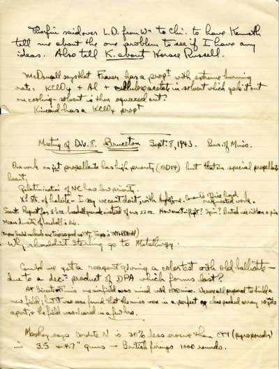 Notes taken by Linus Pauling at a Division Eight meeting, Bruceton, Pennsylvania. Page 1. September 8, 1943