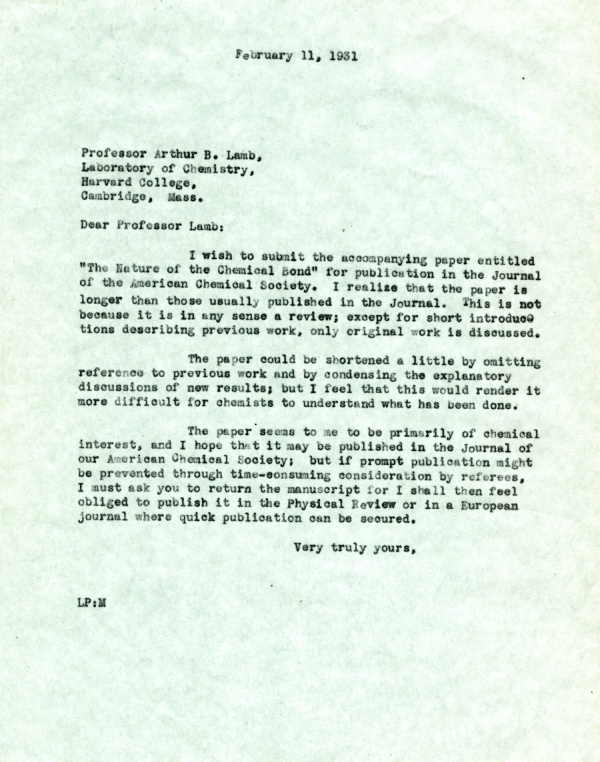 Letter from Linus Pauling to Arthur B. Lamb. Page 1. February 11, 1931