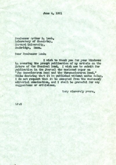 Letter from Linus Pauling to Arthur B. Lamb. Page 1. June 4, 1931