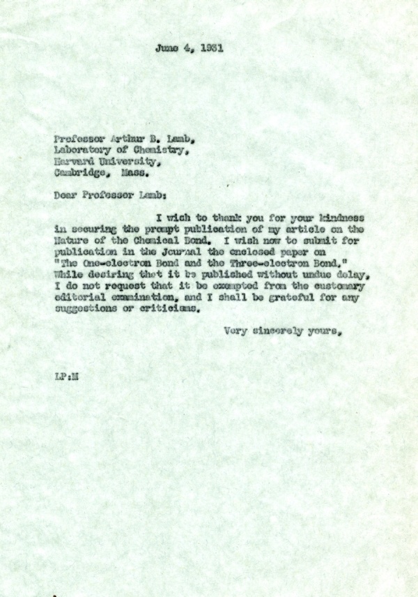 Letter from Linus Pauling to Arthur B. Lamb. Page 1. June 4, 1931