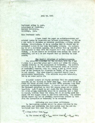 Letter from Linus Pauling to Arthur B. Lamb. Page 1. July 17, 1931