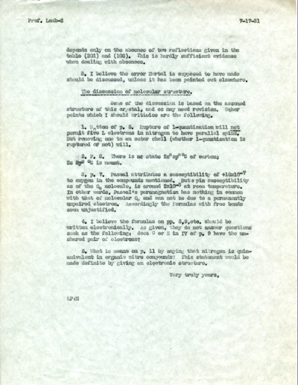 Letter from Linus Pauling to Arthur B. Lamb. Page 2. July 17, 1931