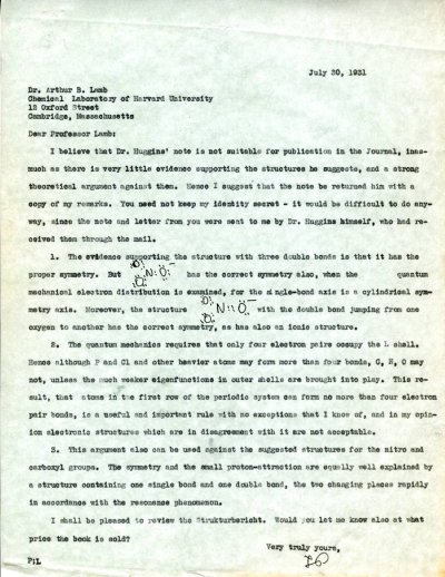 Letter from Linus Pauling to Arthur B. Lamb. Page 1. July 30, 1931