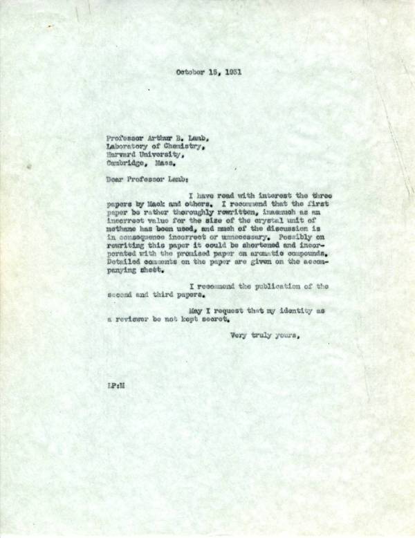 Letter from Linus Pauling to Arthur B. Lamb. Page 1. October 15, 1931