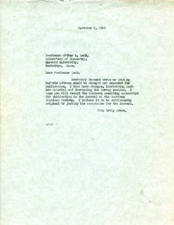 Letter from Linus Pauling to Arthur B. Lamb. Page 1. November 3, 1931