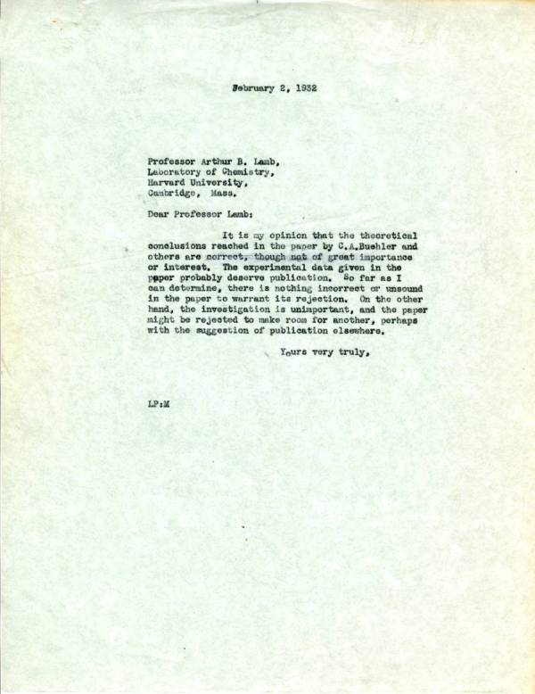 Letter from Linus Pauling to Arthur B. Lamb. Page 1. February 2, 1932