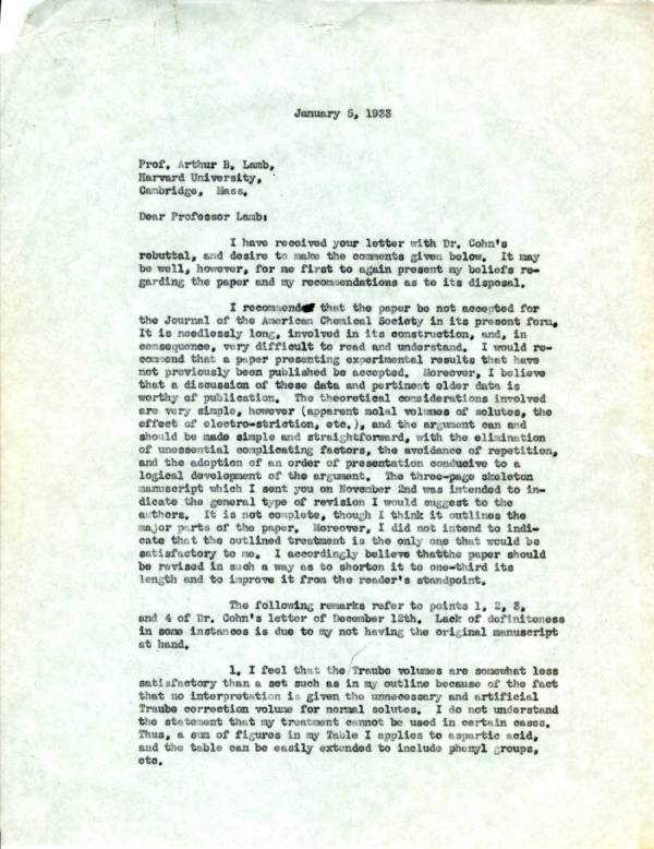 Letter from Linus Pauling to Arthur B. Lamb. Page 1. January 5, 1933