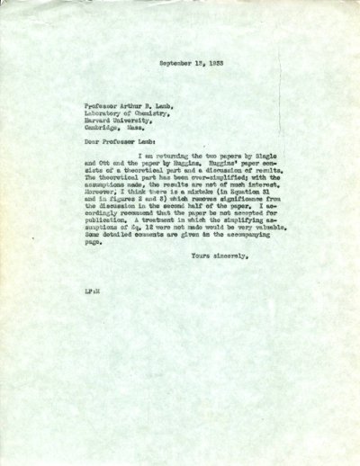 Letter from Linus Pauling to Arthur B. Lamb. Page 1. September 13, 1933
