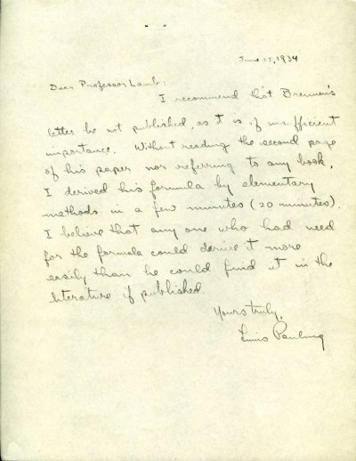 Letter from Linus Pauling to Arthur B. Lamb. Page 1. June 27, 1934