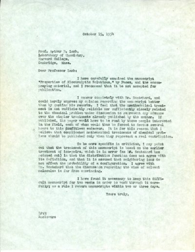 Letter from Linus Pauling to Arthur B. Lamb. Page 1. October 15, 1934