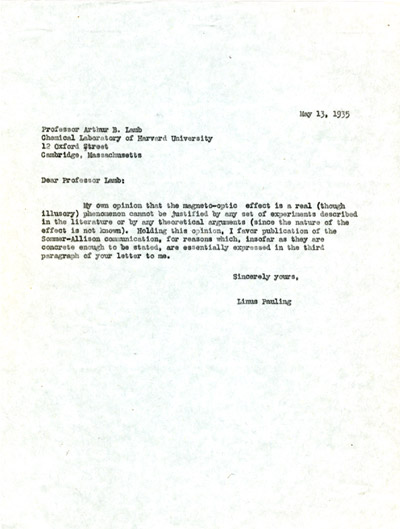 Letter from Linus Pauling to Arthur B. Lamb. Page 1. May 13, 1935