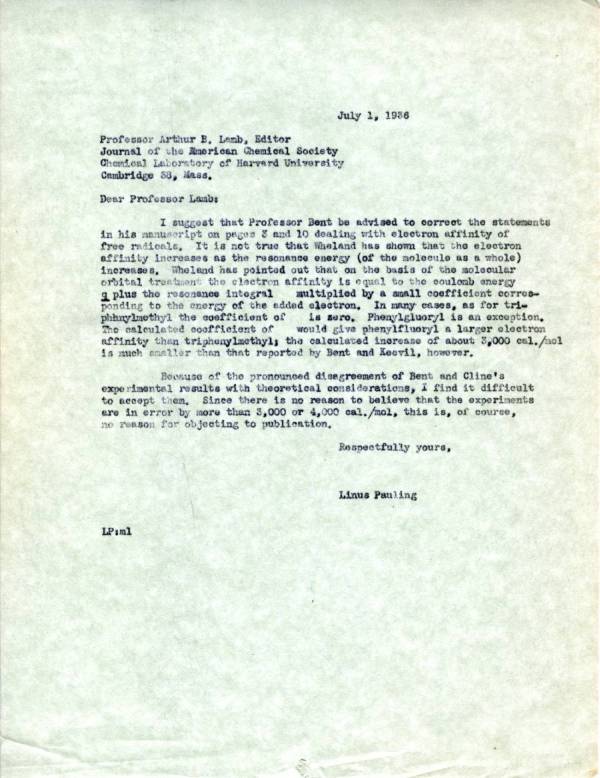 Letter from Linus Pauling to Arthur B. Lamb. Page 1. July 1, 1936