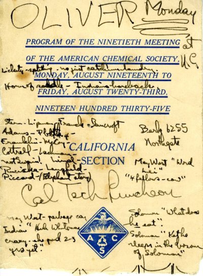 Notes taken by Linus Pauling at a meeting of the California section of the American Chemical Society. Page 1. August 19, 1935
