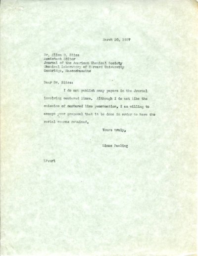 Letter from Linus Pauling to Allen Bliss. Page 1. March 20, 1937