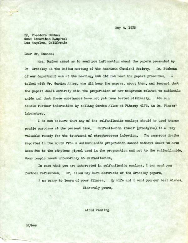 Letter from Linus Pauling to Theodore Dunham. Page 1. May 4, 1938