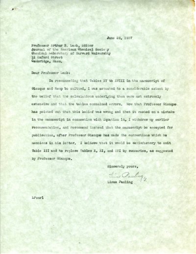 Letter from Linus Pauling to Arthur B. Lamb. Page 1. June 26, 1937