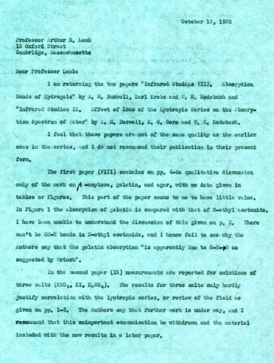 Letter from Linus Pauling to Arthur B. Lamb. Page 1. October 13, 1938