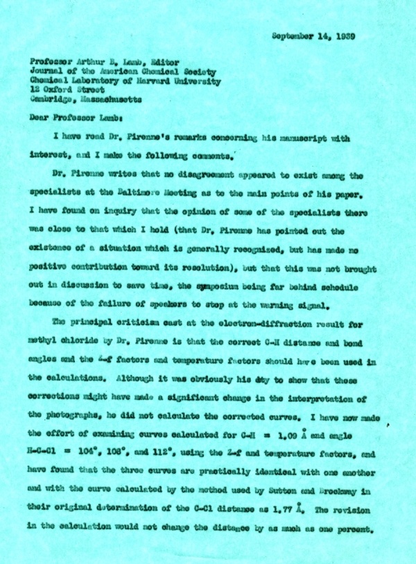 Letter from Linus Pauling to Arthur B. Lamb. Page 1. September 14, 1939