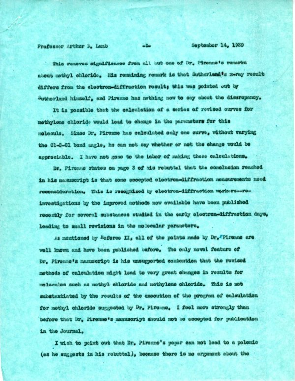 Letter from Linus Pauling to Arthur B. Lamb. Page 2. September 14, 1939