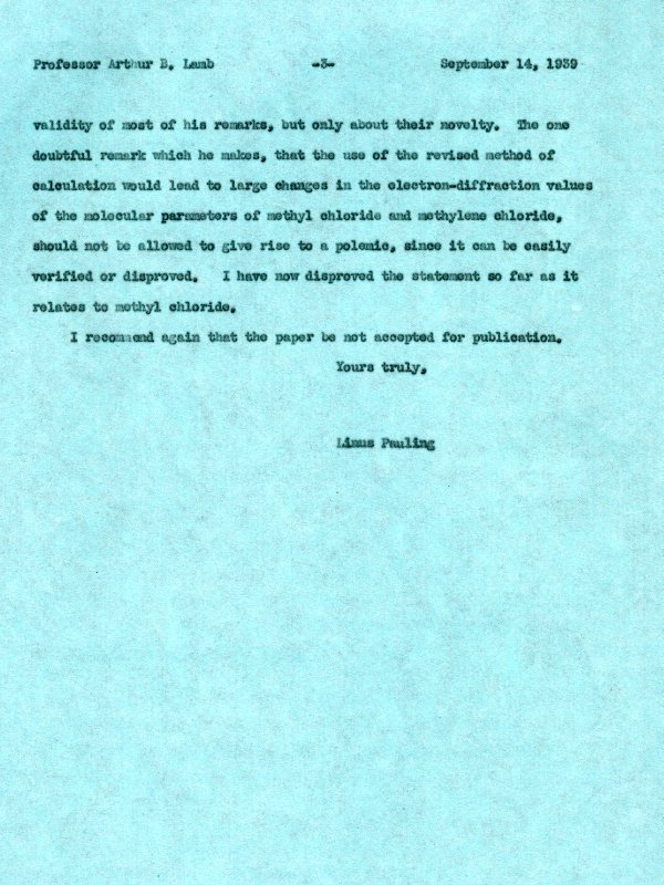 Letter from Linus Pauling to Arthur B. Lamb. Page 3. September 14, 1939