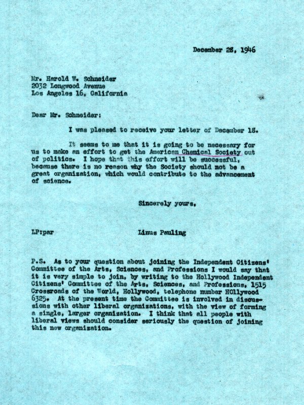 Letter from Linus Pauling to Harold W. Schneider. Page 1. December 28, 1946