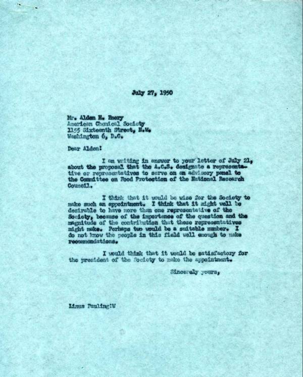 Letter from Linus Pauling to Alden Emery. Page 1. July 27, 1950