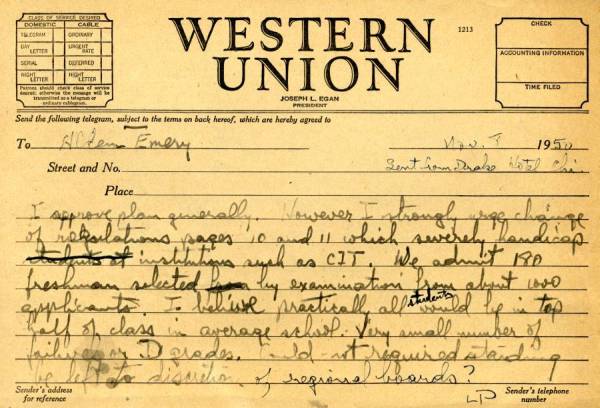 Telegram from Linus Pauling to Alden Emery. Page 1. November 8, 1950