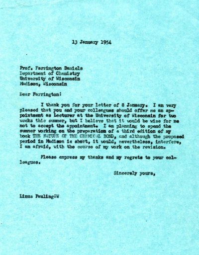 Letter from Linus Pauling to Farrington Daniels. Page 1. January 13, 1954