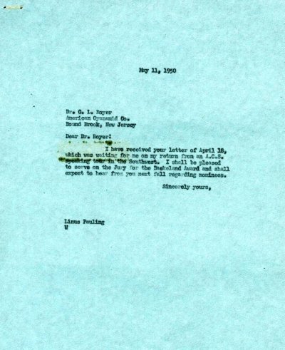 Letter from Linus Pauling to G.L. Royer. Page 1. May 11, 1950