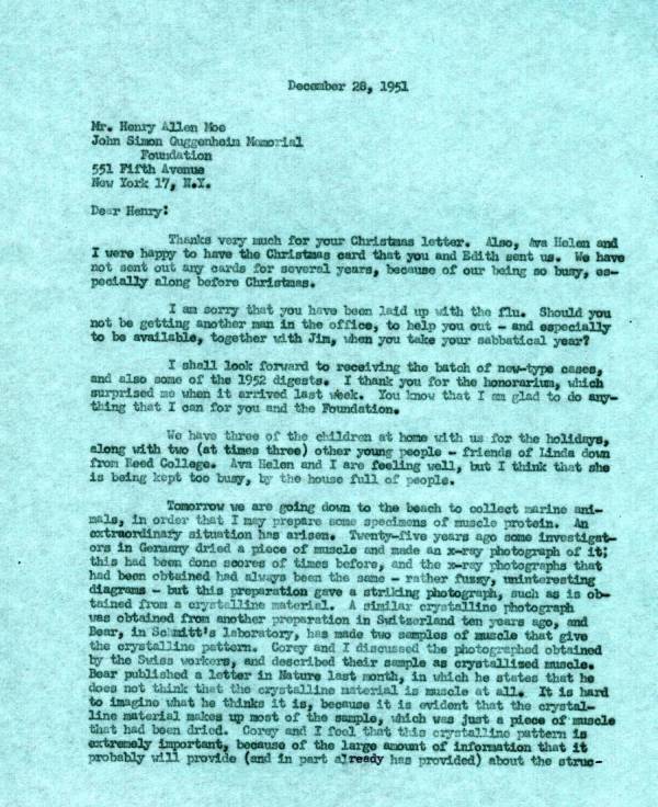 Letter from Linus Pauling to Henry Allen Moe. Page 1. December 28, 1951