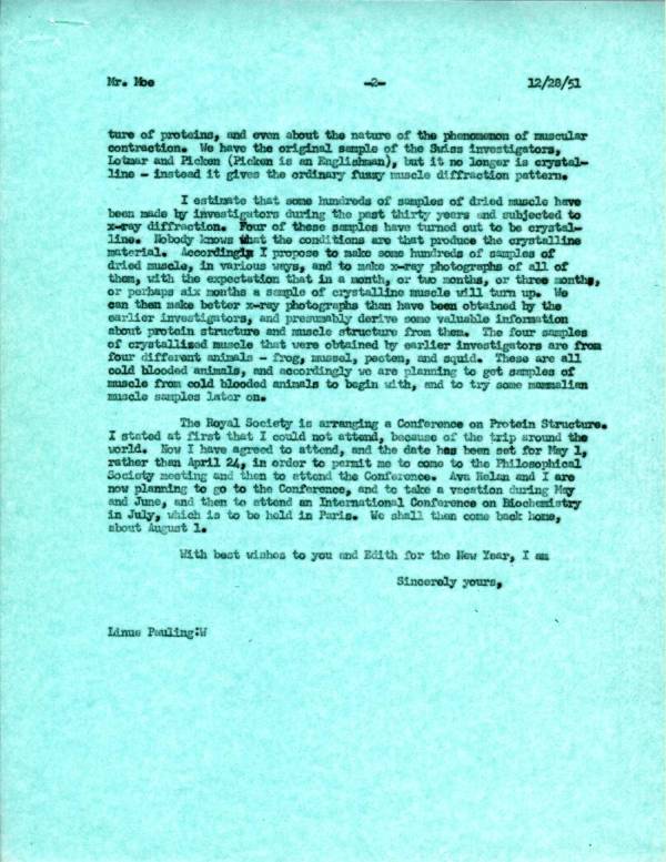 Letter from Linus Pauling to Henry Allen Moe. Page 2. December 28, 1951