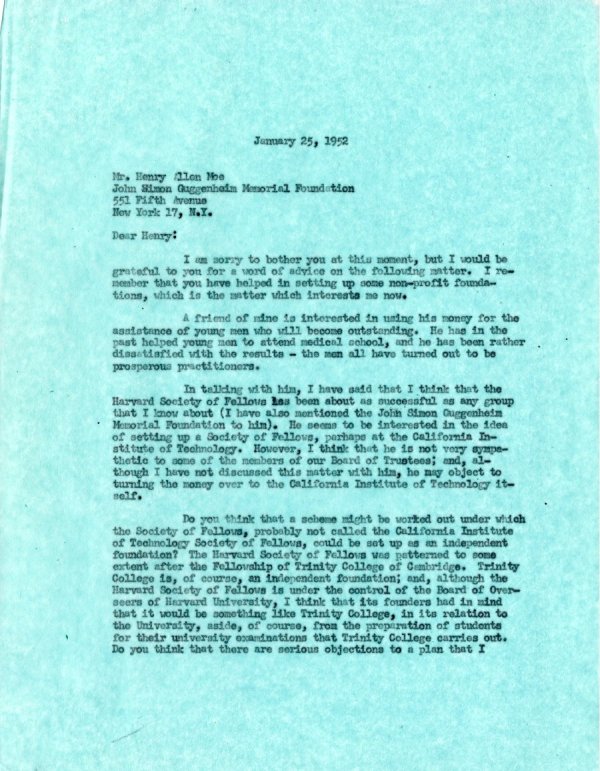 Letter from Linus Pauling to Henry Allen Moe. Page 1. January 25, 1952